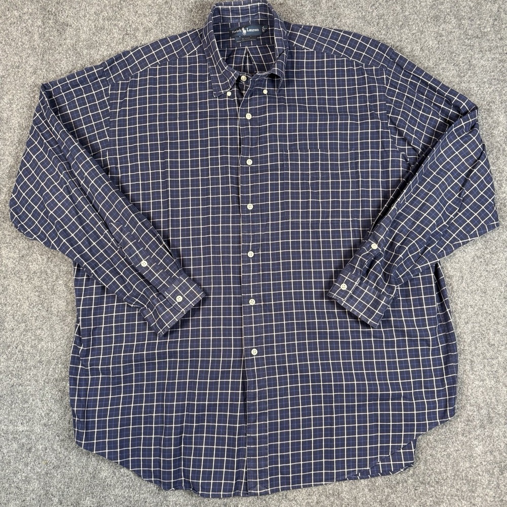 Vintage 90s Ralph Lauren Blake Shirt Mens 2XL Navy Plaid 2-Ply Cotton Button